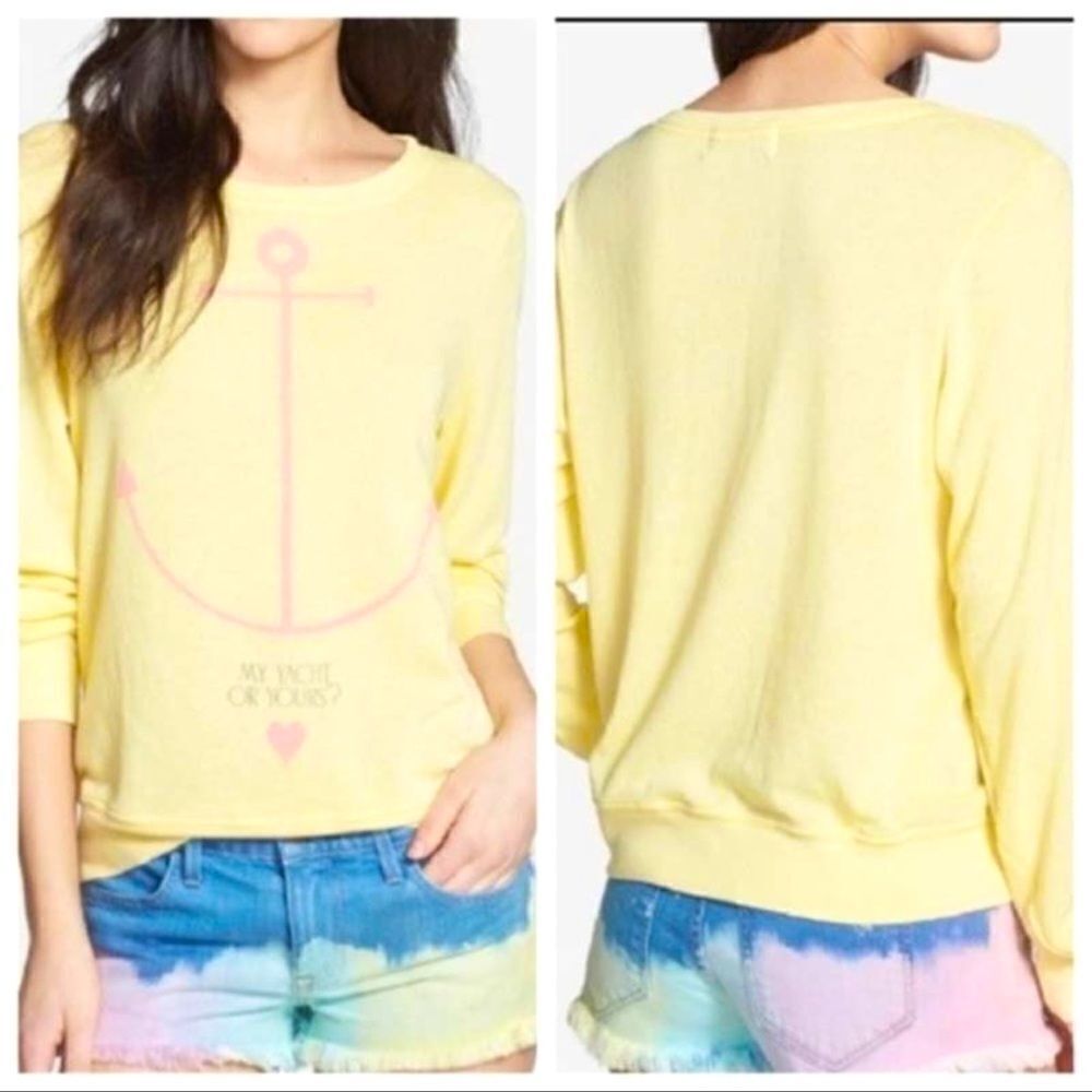 WildFox- Women’s Baby Yellow and Pink My Yacht Or Yours Pullover Sweatshirt, M
